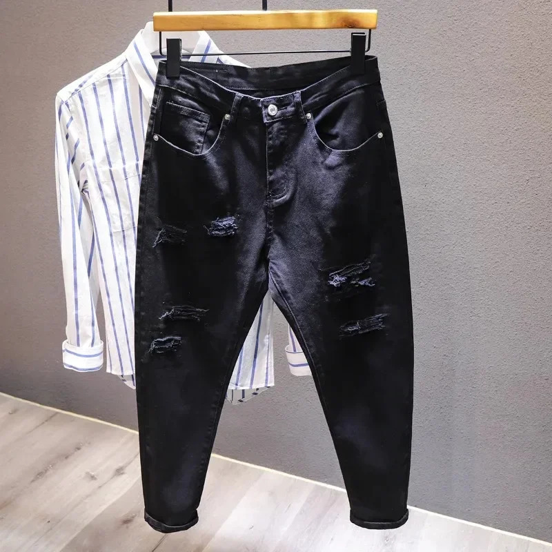 Ripped Hole Jeans Men White Fashion Harem Male Pants All-match Stretch Comfortable Streetwear Denim Trousers 260408