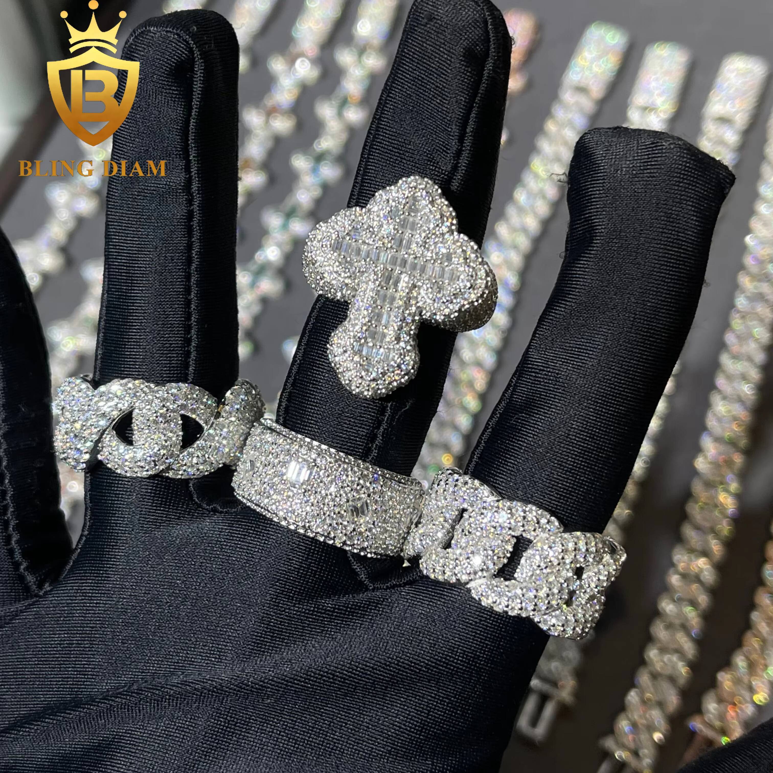 Wholesale Hip Hop Rapper Rock Jewelry 925 Sterling Silver Ice Out Vvs Moissanite Cross Rings Collection for Mens