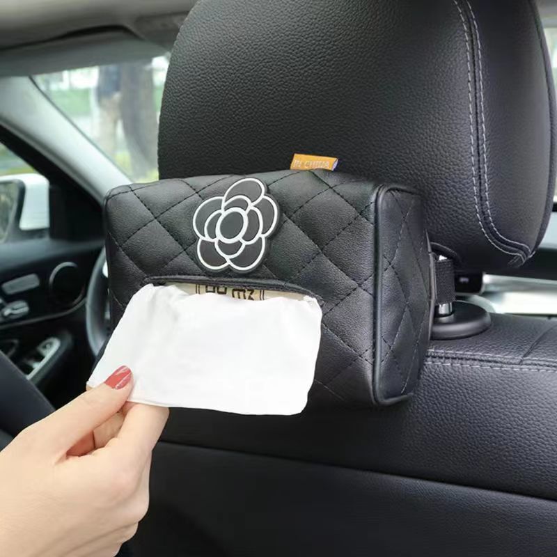 Tissue Box With Bowknot Leather Camellia Rhombus Pattern Car Seat Back Hanging Multifunctional Armrest Storage For Women