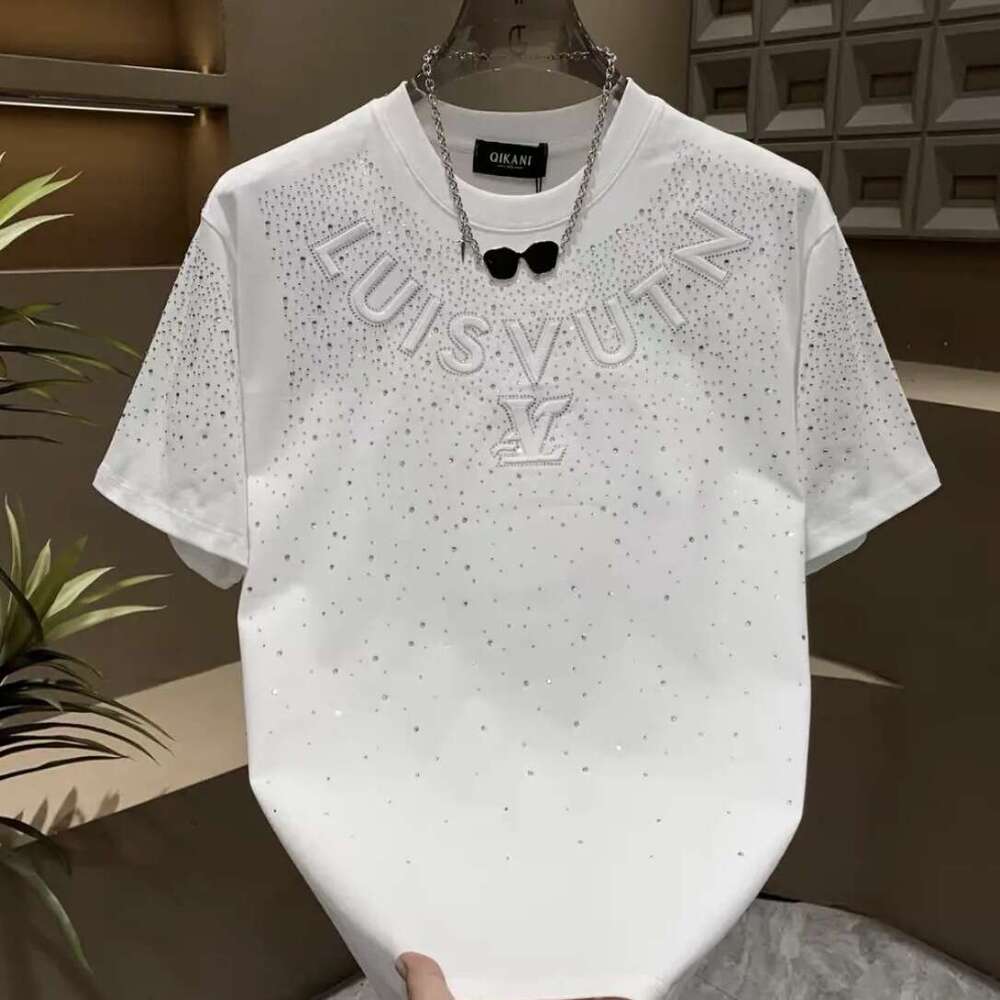 Summer Heavy-Duty Letter Embroidery Rhinestone Personalized Short-Sleeve T-Shirt For Men Loose European Style Half-Sleeve Tee