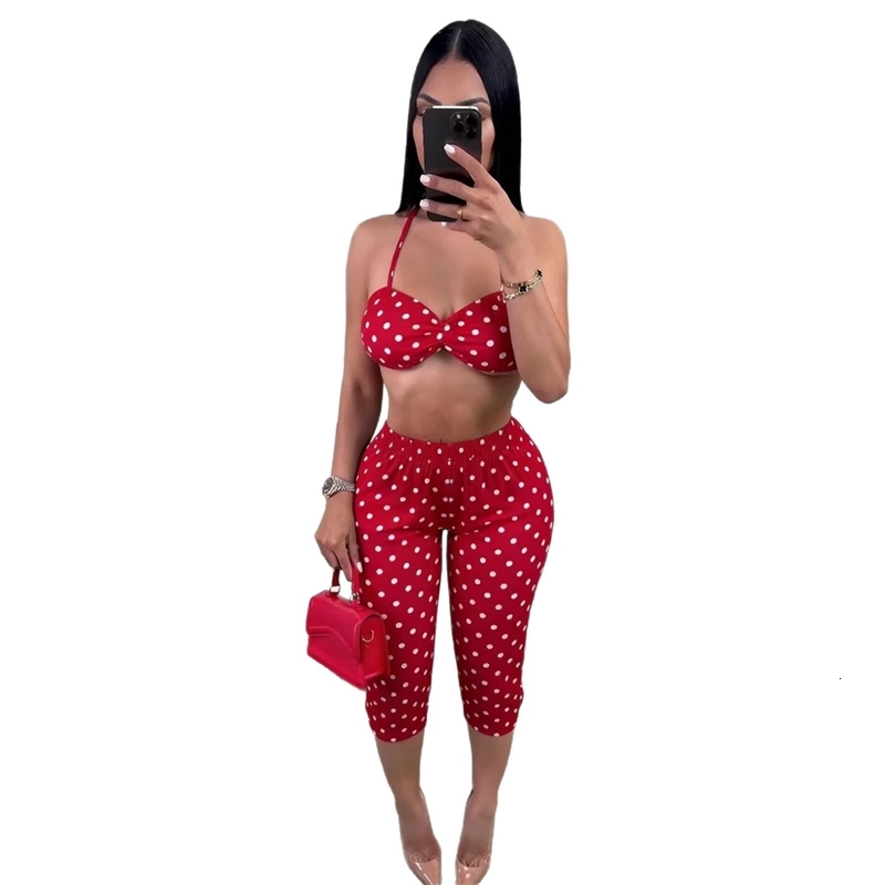 Y2K American Women Spotted Print Set Sexy Cropped Cami Top High Waist Butt Lift Capri 7 Length Pants Summer Matching Outfit