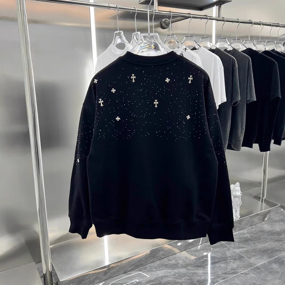 Luxury Brand Designer Clothes Trendy Brand Autumn Men's New Starry Sky Diamond-Studded Metal Cross Decorated Crew Neck Sweatshirt Youth Wrinkle-R