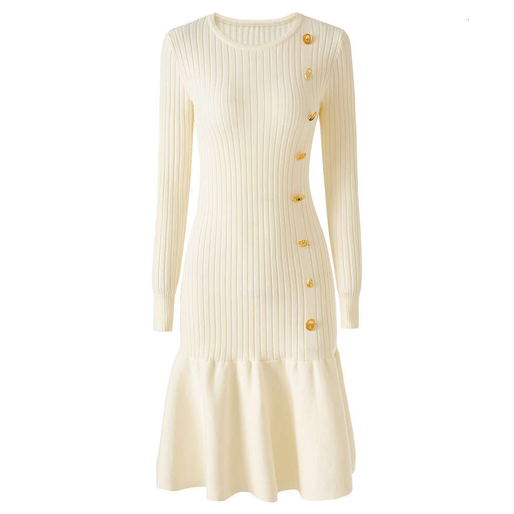 k30 2026 autumn and winter designer lightweight, luxurious, simple and chic knitted dress with round neck, long sleeves and fishtail hem