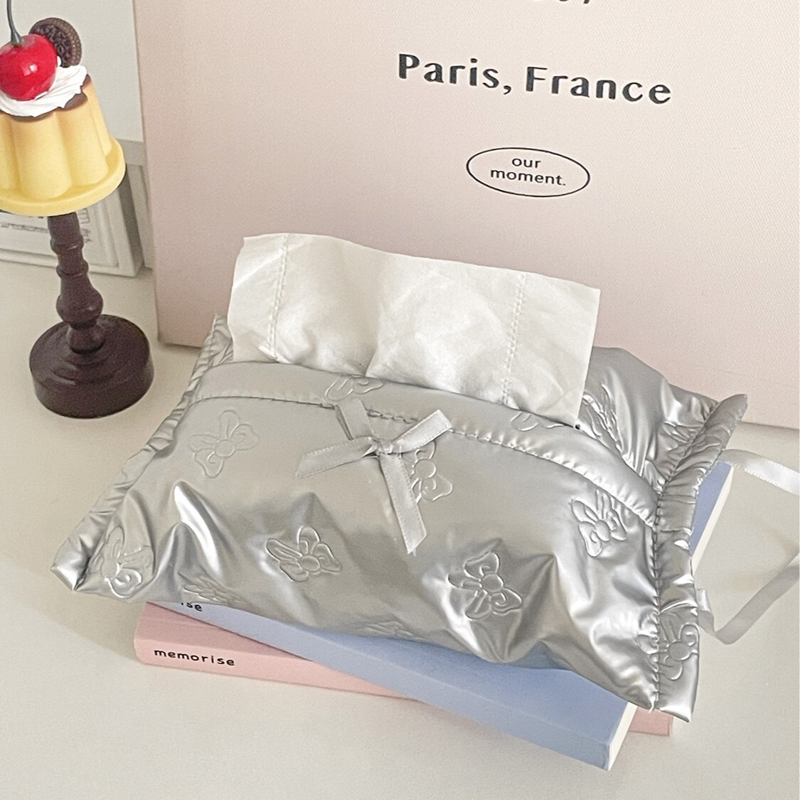 Tissue Box Bowknot Print Bowknot Decor Leather Texture Ins Style High Value Quilted Waterproof Handheld And Hanging Car Tissue Box