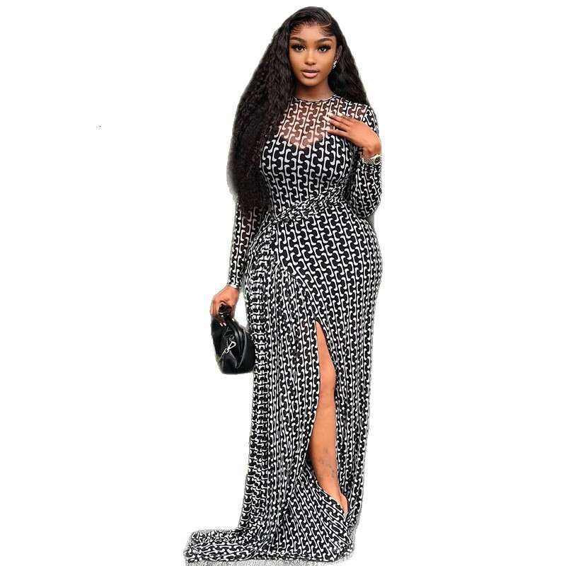 2026 New European American Style Elegant Commuter Dress For Women High Neck Floral Print Split Sheer Mesh Slim Fit Bodycon Dress Party Clubwear MAKOUF