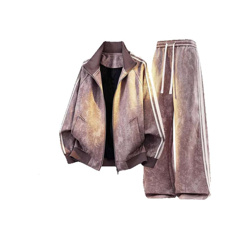 Retro Casual Sports Suit Men Spring Stand Up Collar Jacket Trousers Two Piece Set Versatile Sportswear Set Running Set Leisure Suit