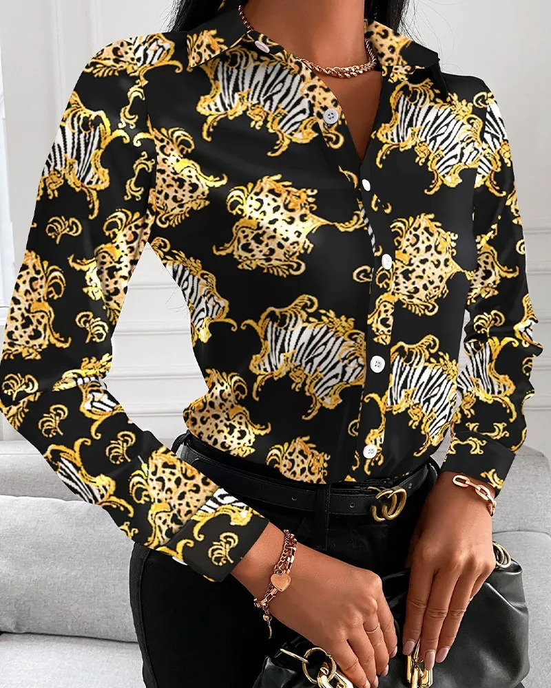 Women Fashion Wild Shirts Chain/Floral/Letter/Geometric Square Print Turn-Down Collar Long Sleeve Blouses260407ww - view 7