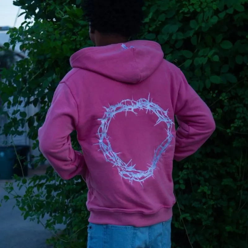 Y2K Pink Knit Hoodie, Full-Zip Stone Stripe Embroidery Hooded Sweatshirt, Men's Streetwear Harajuku Fashion - view 3