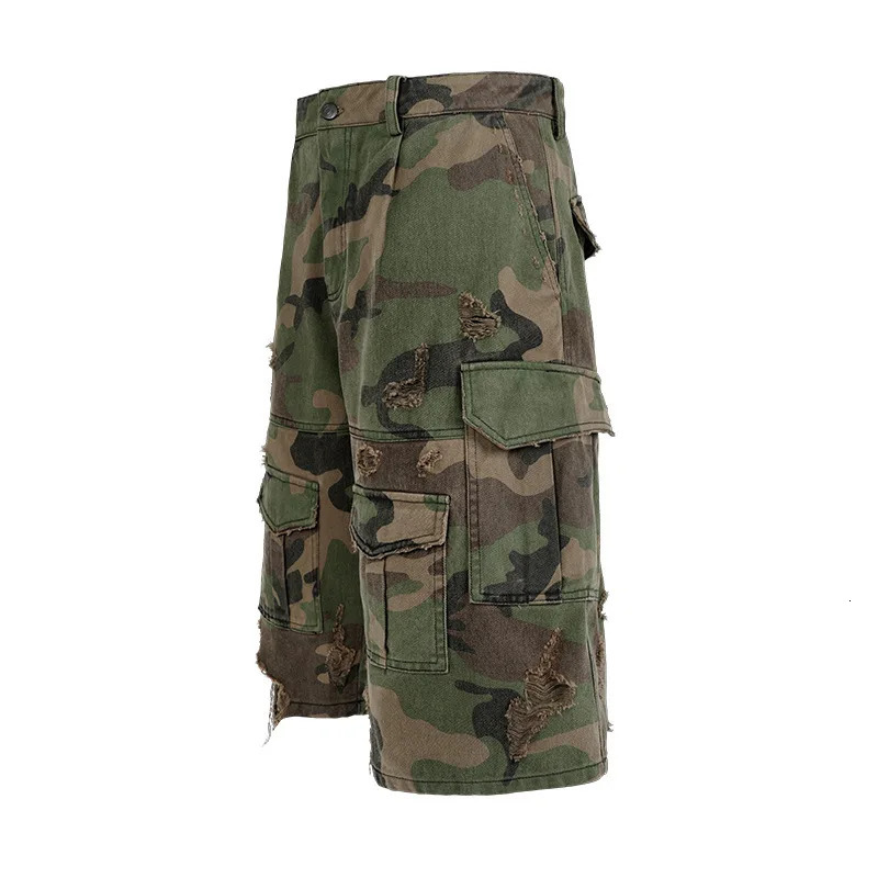Camouflage Cropped Pants American Vintage Ripped Overalls Denim Camo Shorts Jeans Baggy Summer Clothes for Man Y2k Streetwear 260408