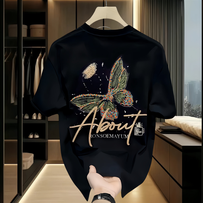 Butterfly Graffiti Printed Short Sleeved T-shirt Hot Selling In 2026 Thick Pure Cotton Breathable Men's T-shirt Unisex Basic Shirt Casual Multifu