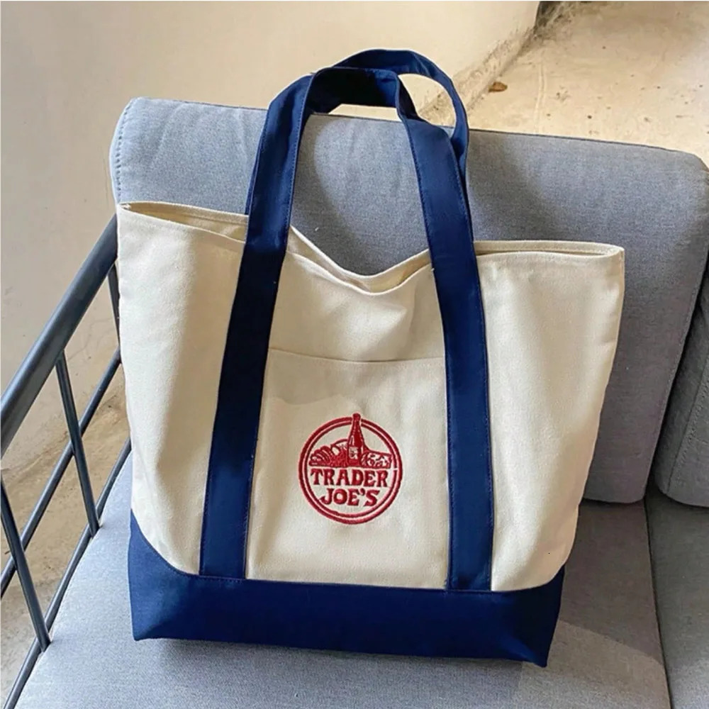 Trader Joe Large Tote Shopping Bag Cotton Canvas Embroidered 260408
