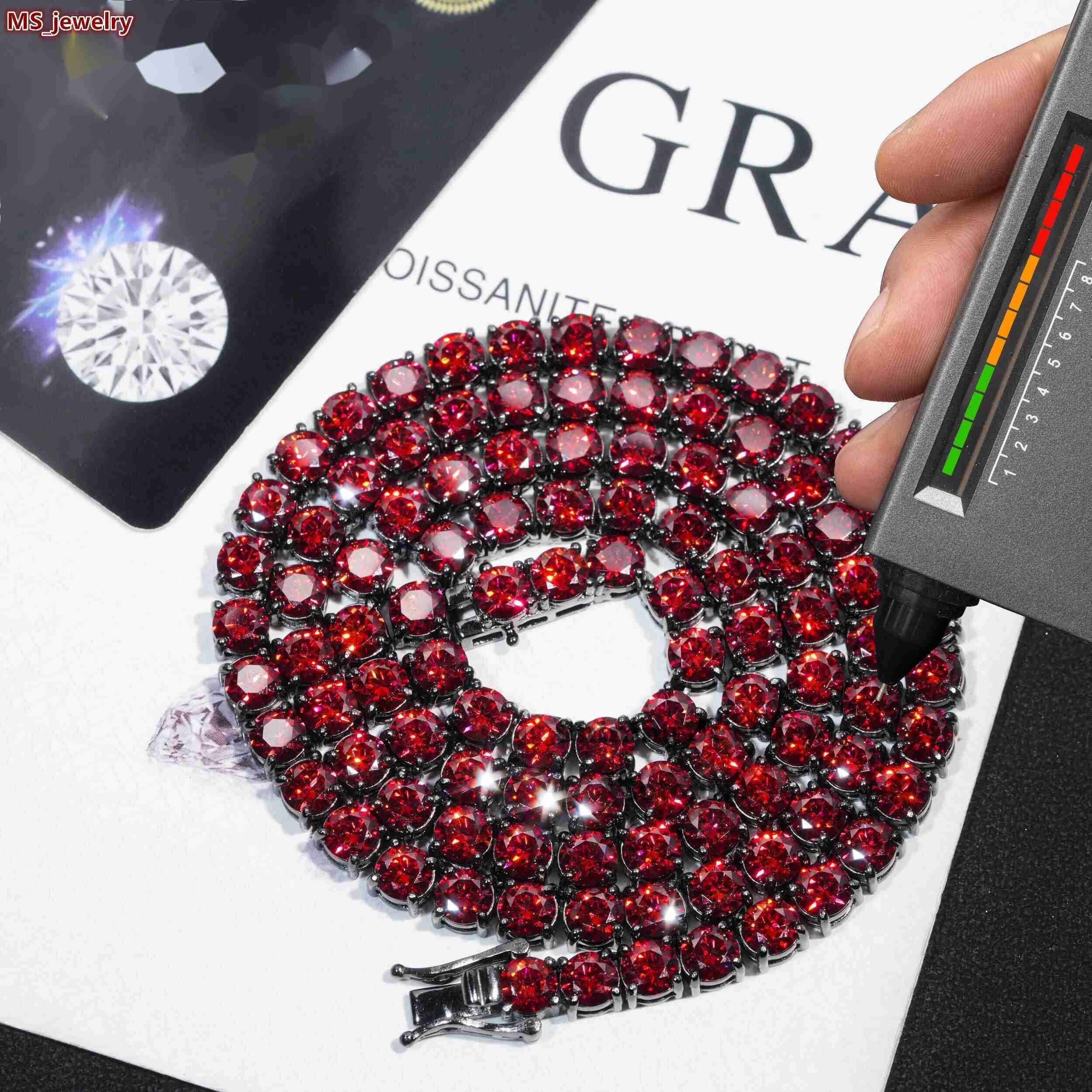 New Arrival 925 Sterling Silver 5MM Red Moissanite Tennis Chain Black Gold Plating 925 Silver Hip Hop Moissanite Necklace