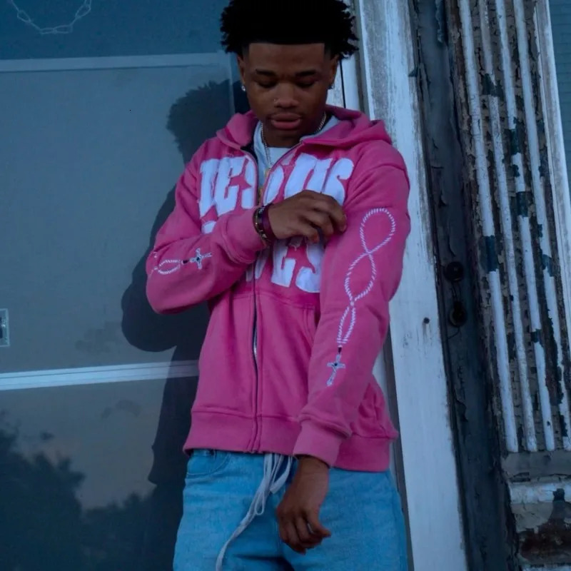 Y2K Pink Knit Hoodie, Full-Zip Stone Stripe Embroidery Hooded Sweatshirt, Men's Streetwear Harajuku Fashion - view 4