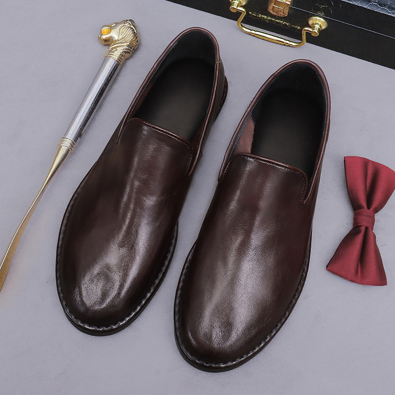 Trendy Men's Slip-On Shoes British Style Large Size Genuine Leather Washed Horsehide Comfortable Casual Footwear