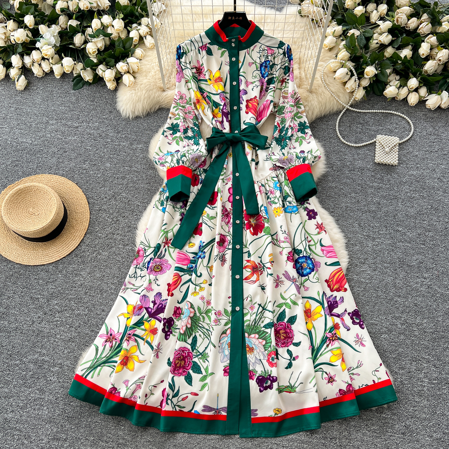 Fashion Elegant Pleated Dress Women's Autumn and Winter Printed Long Sleeve Korean Clothings Vestidos 210527