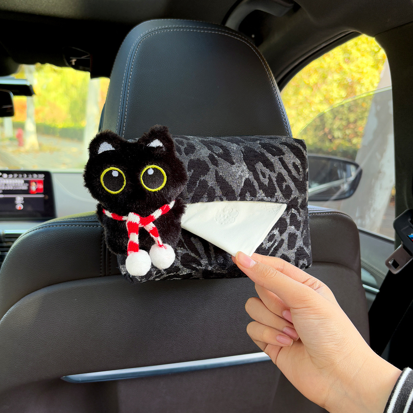 Tissue Box Cute Little Black Cat Cover Leopard Print Base Leather Texture Luxury Seat Back Hanging Car Armrest Storage