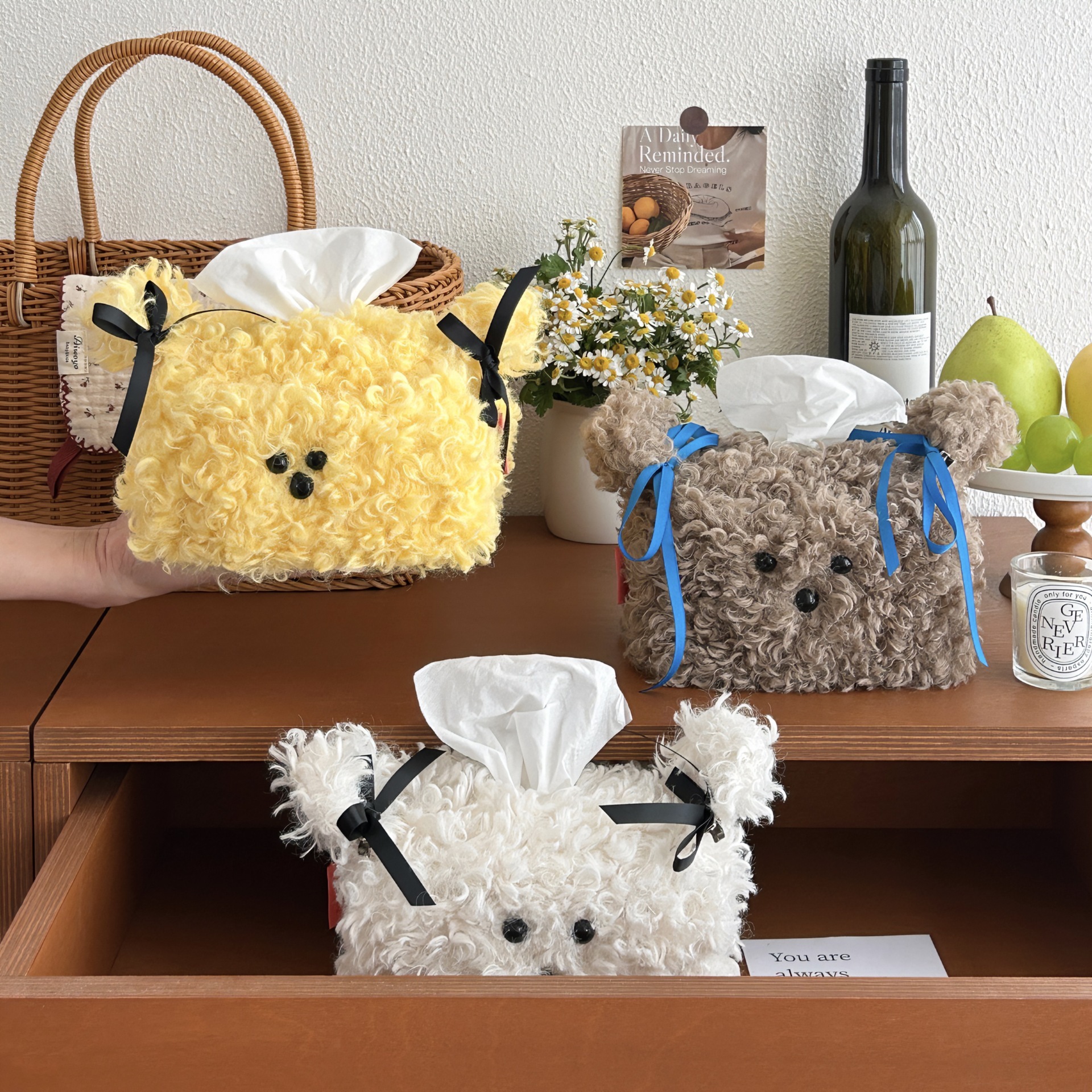 Tissue Box Cute Plush Puppy With Bow Curly Fur Creative Holder Dormitory Female Home Living Room Desktop Ornament