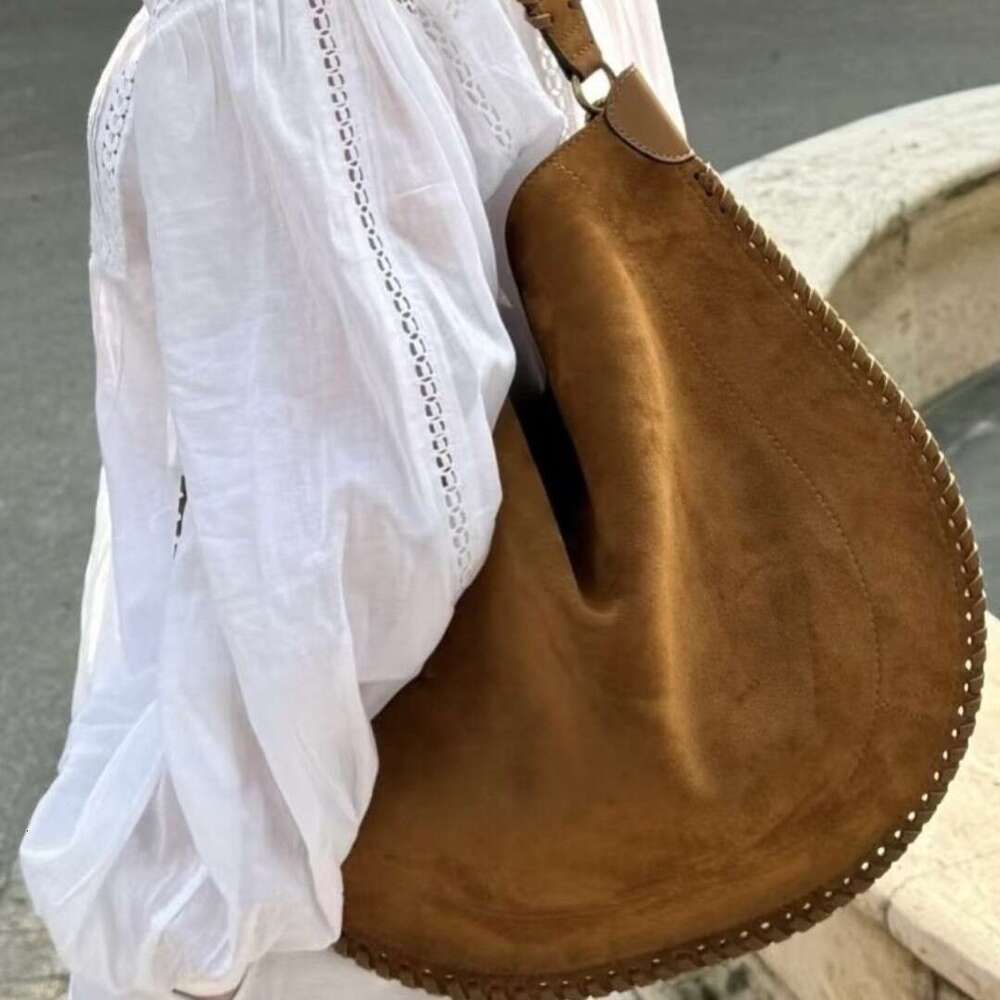 Design Drawstring Suede & Top Layer Cowhide Shoulder Bag, Light Luxury Vintage Soft Large Capacity Daily Commute Casual Women's Bag, New Autumn W
