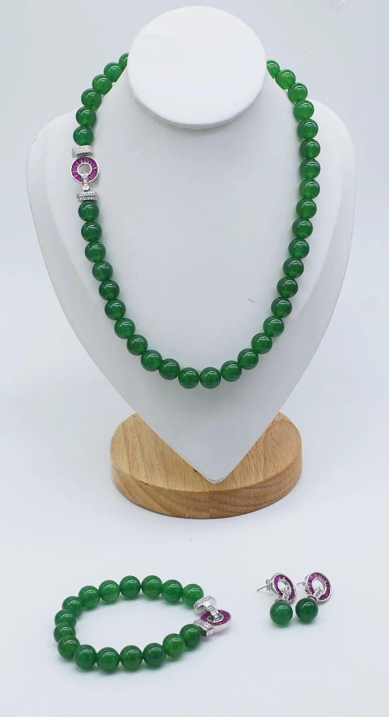 1set green Agate round 10mm necklace bracelet earrings 45cm18cm red zircon clasp womens jewelry 260408