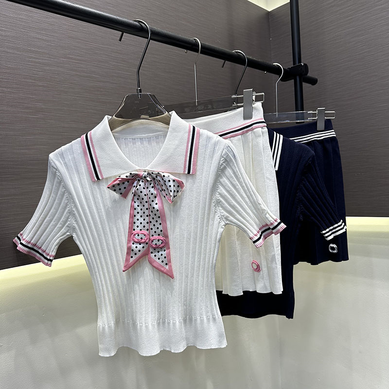 Women Knitted Tee Skirt Set Bowknot Slim Fit Knits Polos High Waist Knit Pleated Mini Skirts Summer Girls Preppy Style Holiday Skirt Outfit