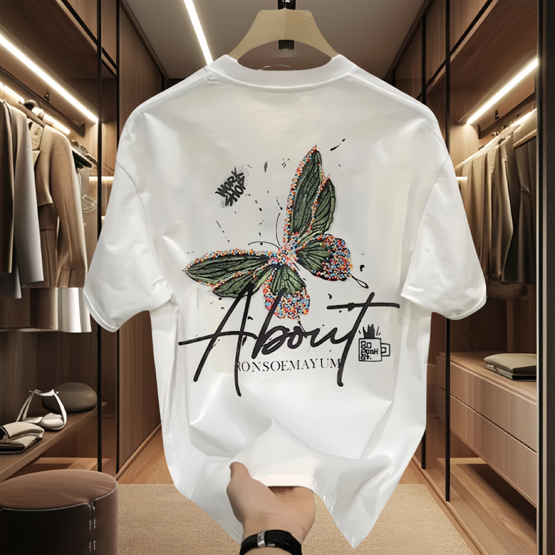 Butterfly Graffiti Printed Short Sleeved T-shirt Hot Selling In 2026 Thick Pure Cotton Breathable Men's T-shirt Unisex Basic Shirt Casual Multifu