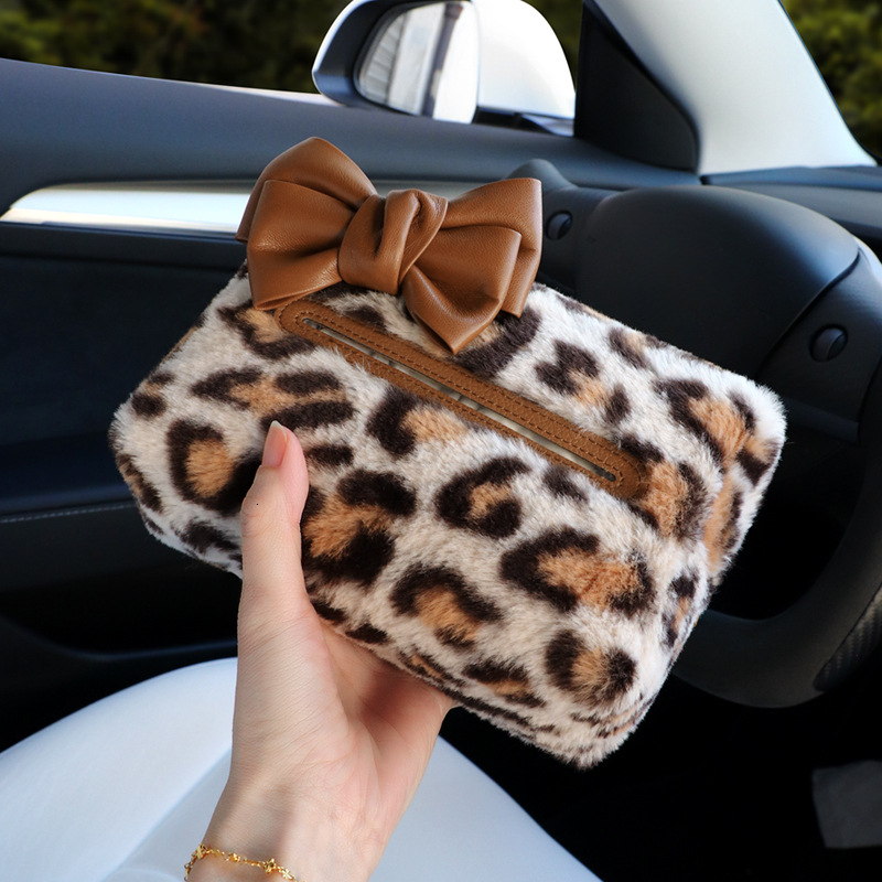 Tissue Box Leopard Print High End Cute Sun Visor Hanging Tissue Bag Car Interior Decoration For Women