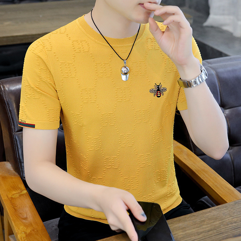 2026 New Designer Luxury Brand Men's Knitted Short Sleeved T-shirt Summer Little Bee Embroidered Ice Silk Round Neck Slim Cool Short Sleeved T-sh