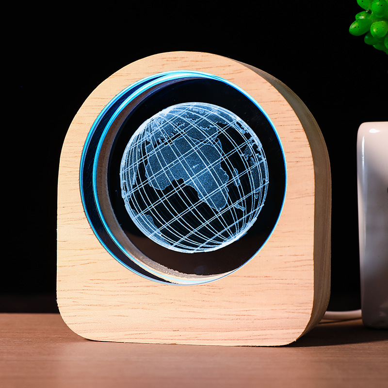 3D Engraved Crystal Ball Night Light Wooden Base Desk Lamp