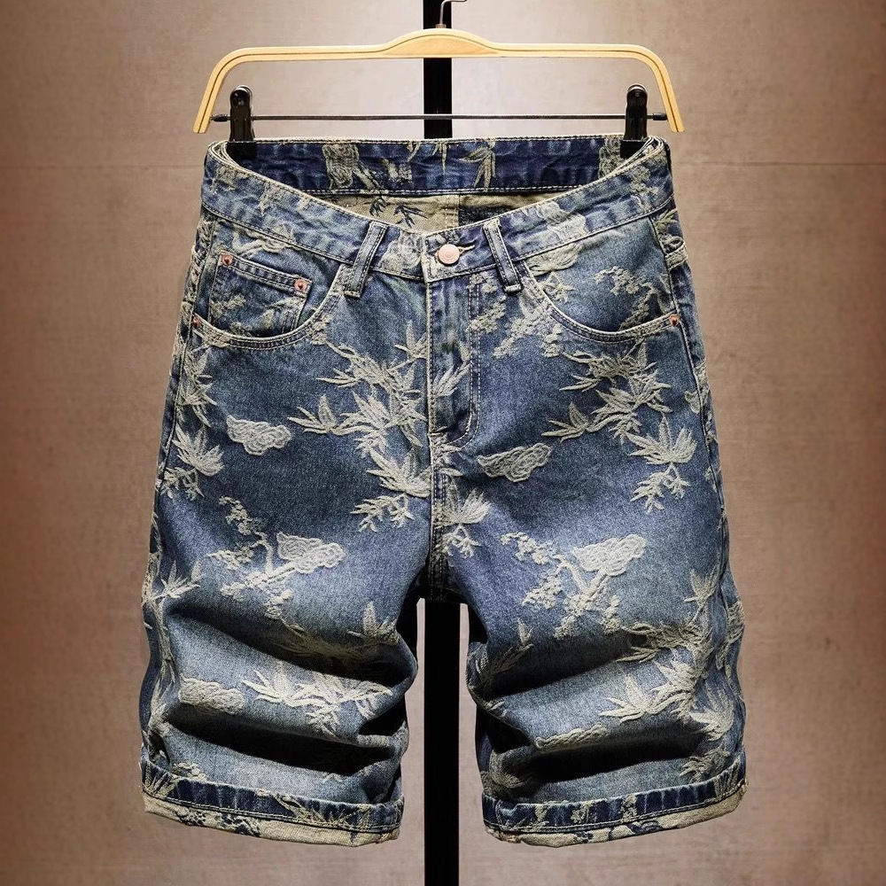 Luxury Brand Designer Clothes High-End Men's Denim Shorts 2025 New Trendy Brand Embroidered American-Style Loose-Fitting Mid-Length Shorts Summer