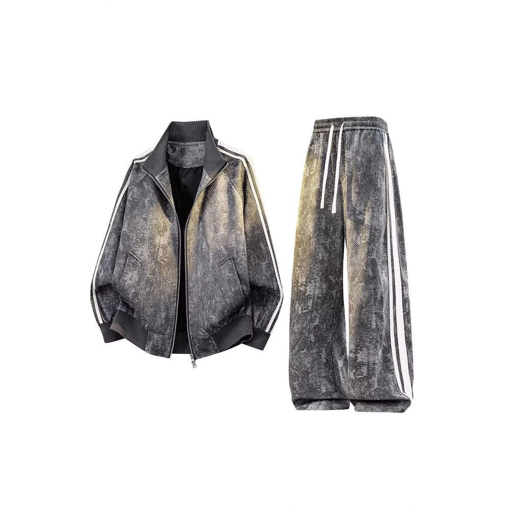 Retro Casual Sports Suit Men Spring Stand Up Collar Jacket Trousers Two Piece Set Versatile Sportswear Set Running Set Leisure Suit