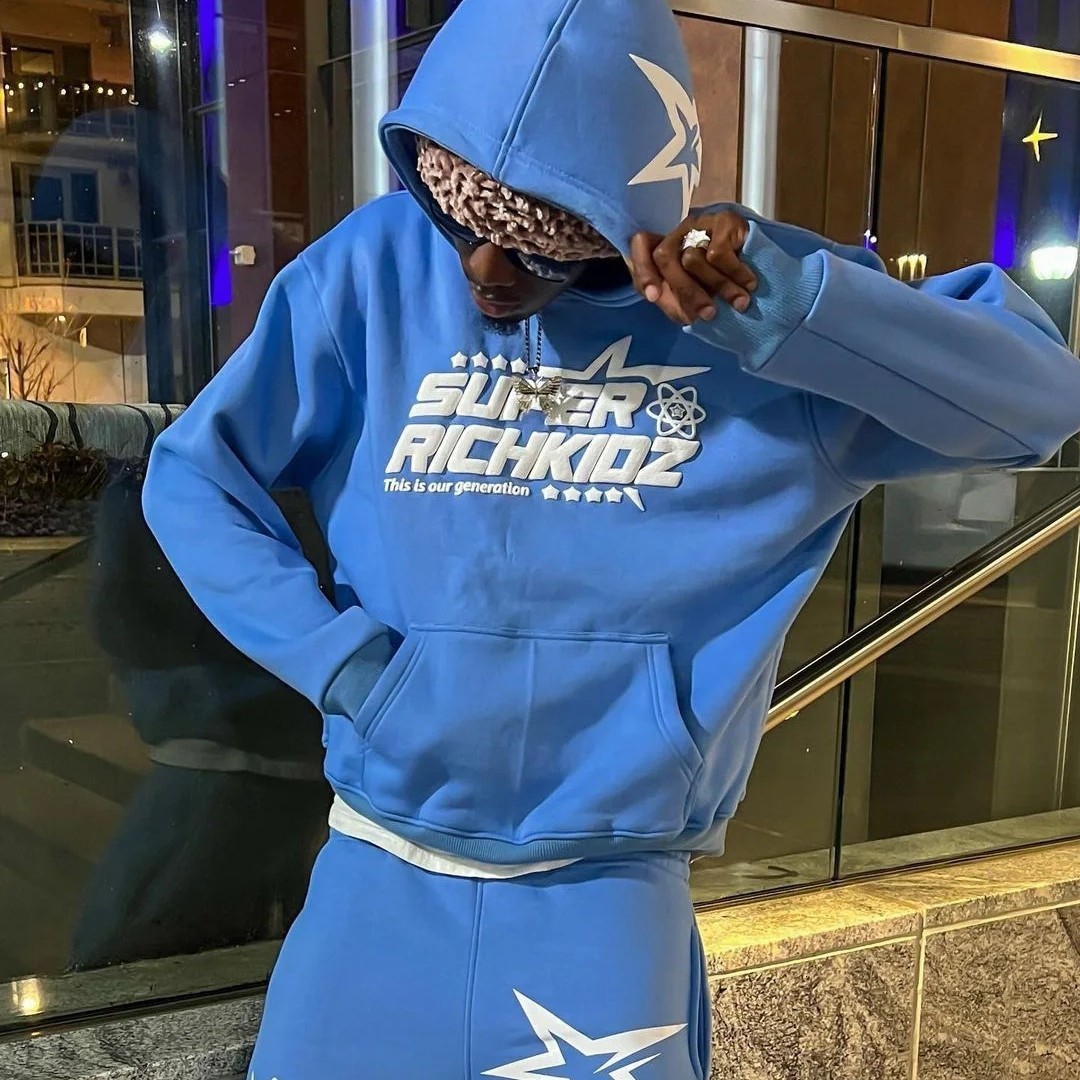 2000S Fashion American Retro Color Cotton Casual Oversized Sweatshirt Men Two Piece Harajuku Joker Slacks Jogging Pant Tracksuit 250324