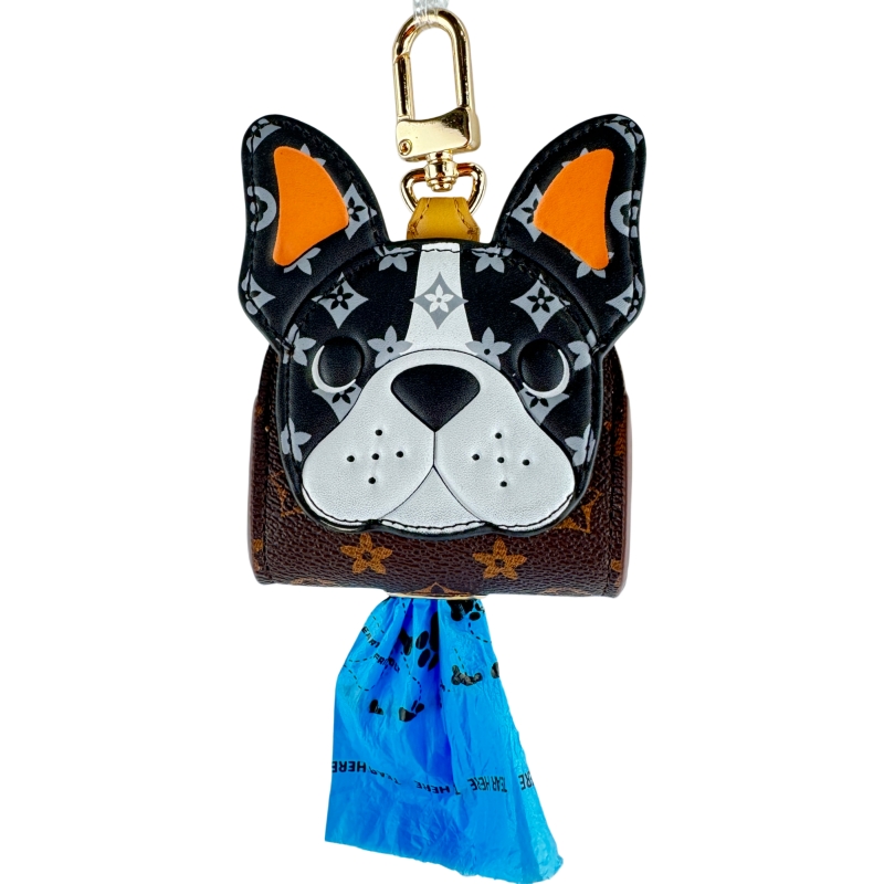 Luxury French Bulldog Shaped Dog Poop Bag Holder Premium Leather Pet Waste Bag Dispenser High-End Pet Accessory with Gold Hardware Fashion Dog Accesso