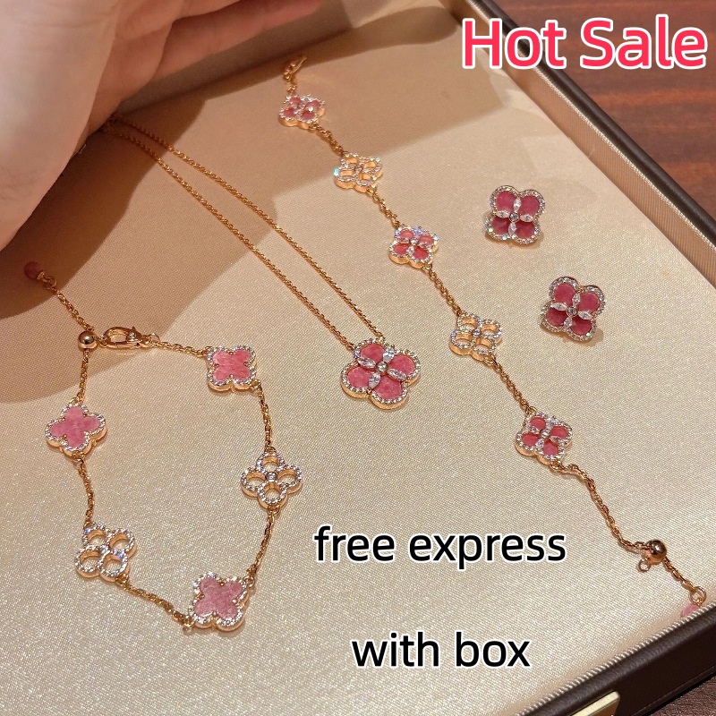 bracelet designer for women Rose Pink Four Leaf Clover Jewelry Set Crystal Rhinestone Inlaid Copper Bracelet Necklace Earrings Gift For Daily Party We