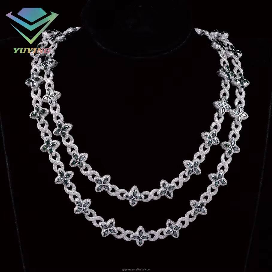 Fashion Clover Hip Hop Jewelry Gold Plated 925 Sterling Silver VVS Moissanite Diamond Four Leaf Clover Necklace Cuban Link Chain