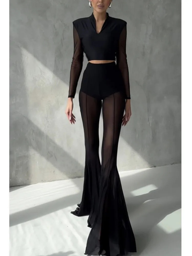 Sexy Sheer Flare Pants For Women Fashion Solid High Waist Long Pants Lady Casual Holiday Streetwear Womens Clothing 260408