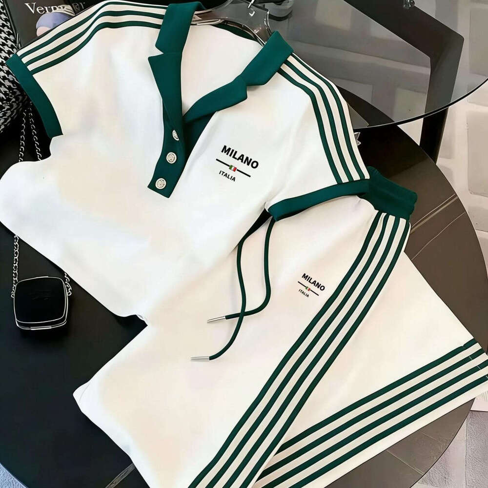 Cross Border New European And American Fashion Trend Casual Half Button POLO Shirt Short Sleeve Long Pants Set Sportswear Set Running Set Leisure Suit