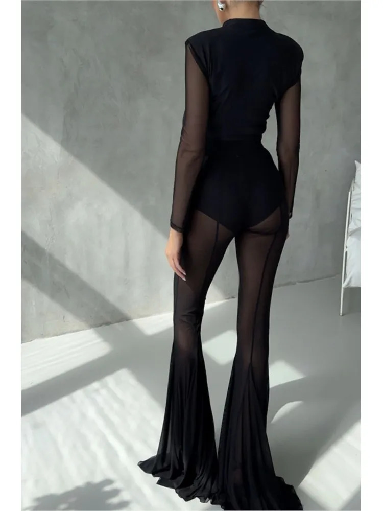 Sexy Sheer Flare Pants For Women Fashion Solid High Waist Long Pants Lady Casual Holiday Streetwear Womens Clothing 260408
