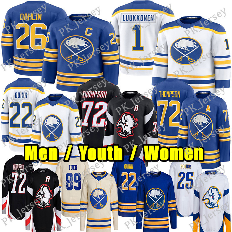 72 Tage Thompson sabres hockey jersey 26 Rasmus Dahlin Ukko-Pekka Luukkonen Jack Quinn Power Byram Greenway Alex Tuch Peyton Krebs Devon Levi Zach Ben