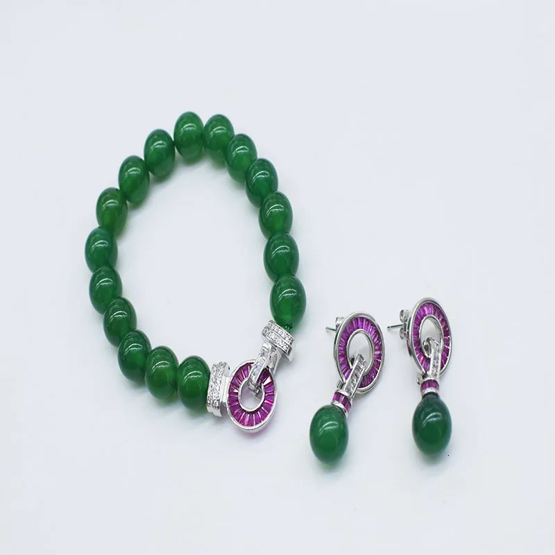1set green Agate round 10mm necklace bracelet earrings 45cm18cm red zircon clasp womens jewelry 260408
