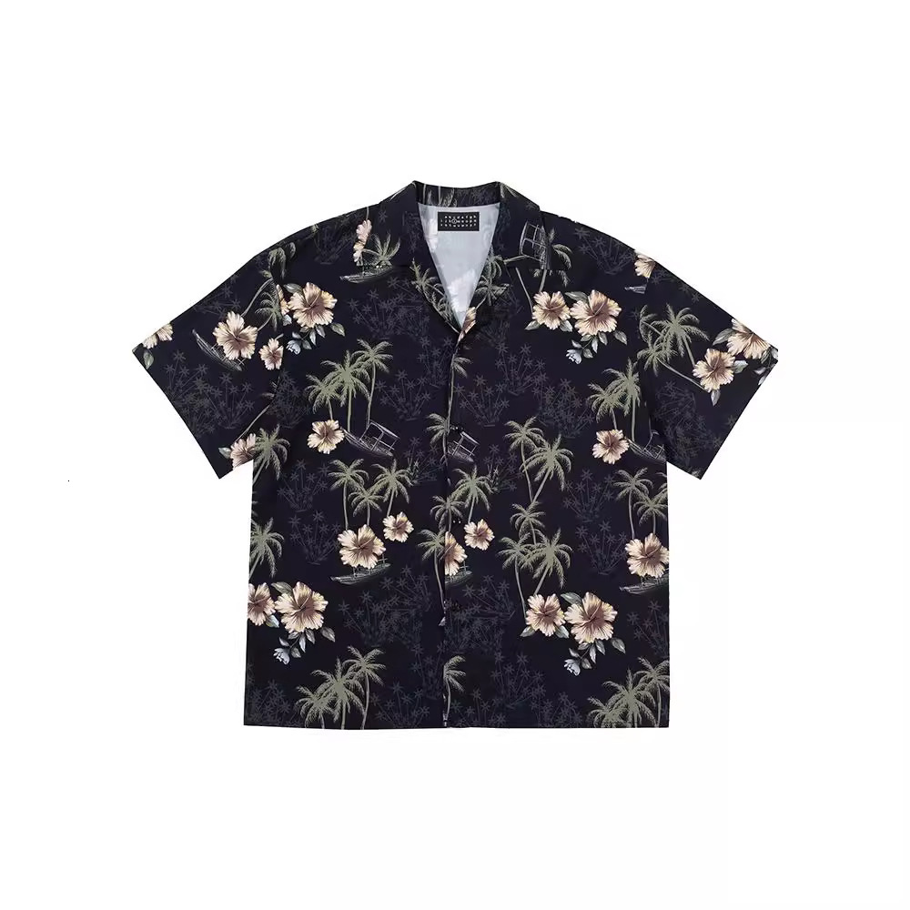 Luxury Brand Designer Clothes Relaxed Fit Southeast Asian Floral Print Short Sleeve Shirt For Men, Summer Design, Unique, Draped, Versatile, Loose Bea