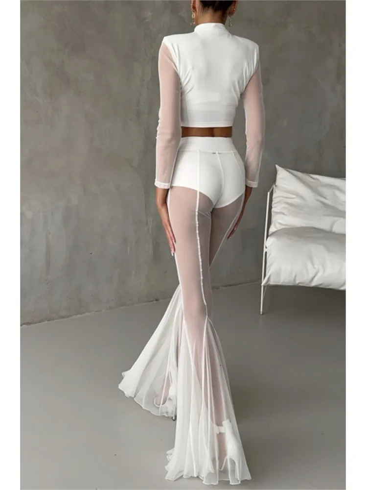 Sexy Sheer Flare Pants For Women Fashion Solid High Waist Long Pants Lady Casual Holiday Streetwear Womens Clothing 260408