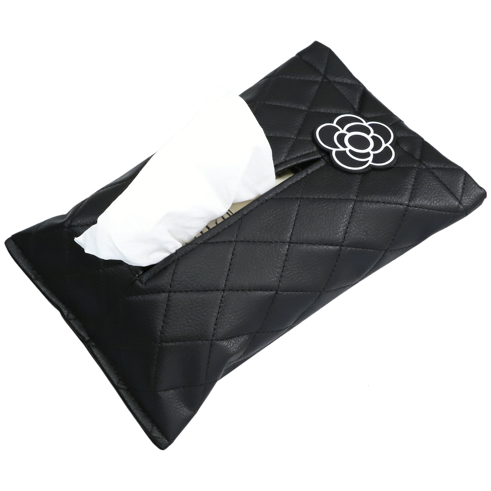 Tissue Box Black With Camellia Rhombus Pattern Car Rear Seat Storage Bin With Trash Bags Hanging Storage Bag