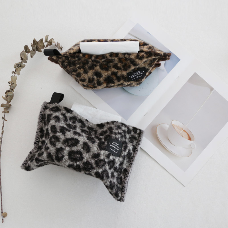 Tissue Box Light Luxury Teddy Curly Brown Leopard Print Living Room Dining Table Desktop Soft Decoration Storage Holder