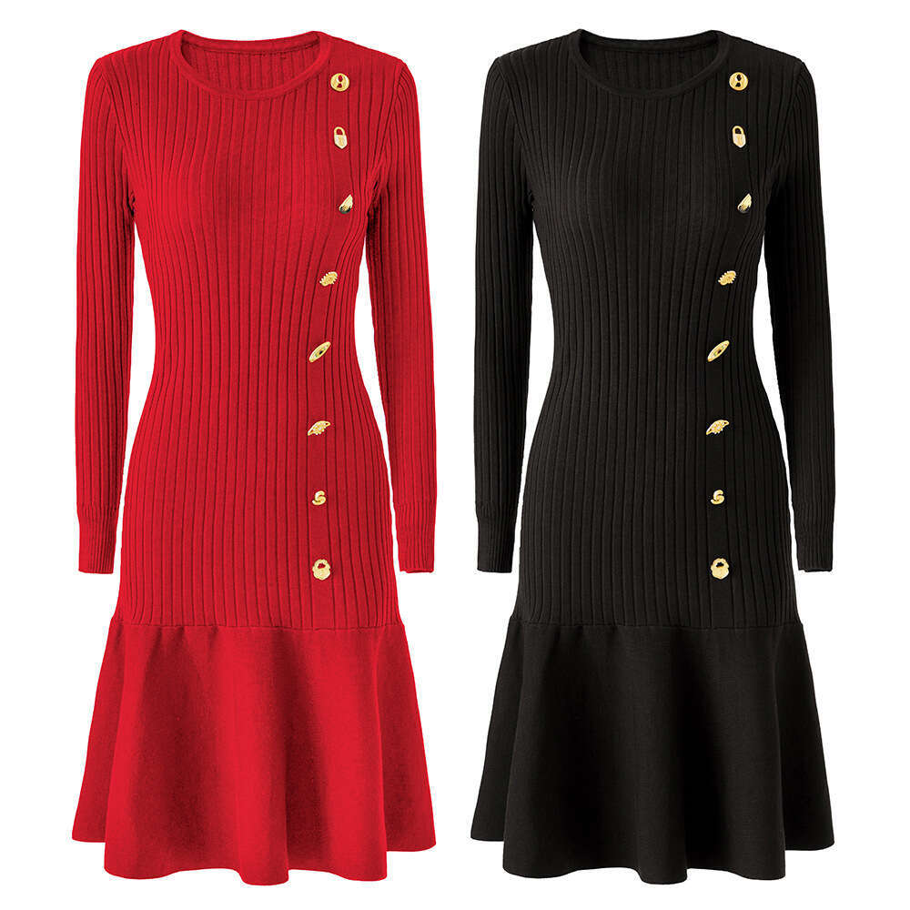 k30 2026 autumn and winter designer lightweight, luxurious, simple and chic knitted dress with round neck, long sleeves and fishtail hem