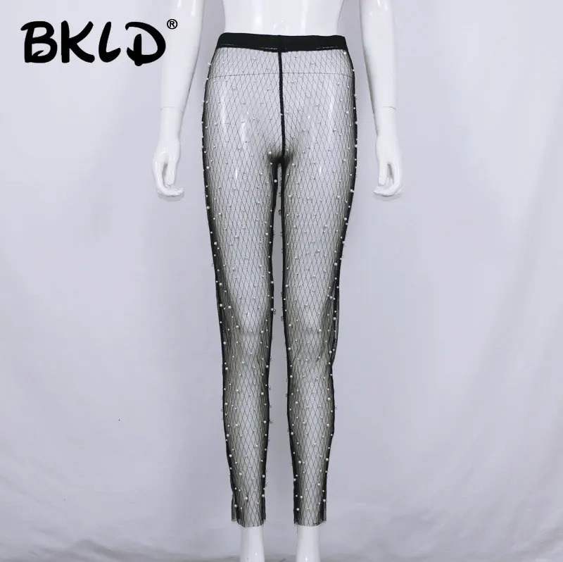 BKLD Women See Through Boho Pants High Waist Trousers Summer Beach Party Bodycon Long Trousers Pearl Beading Mesh Sheer Pants 260408