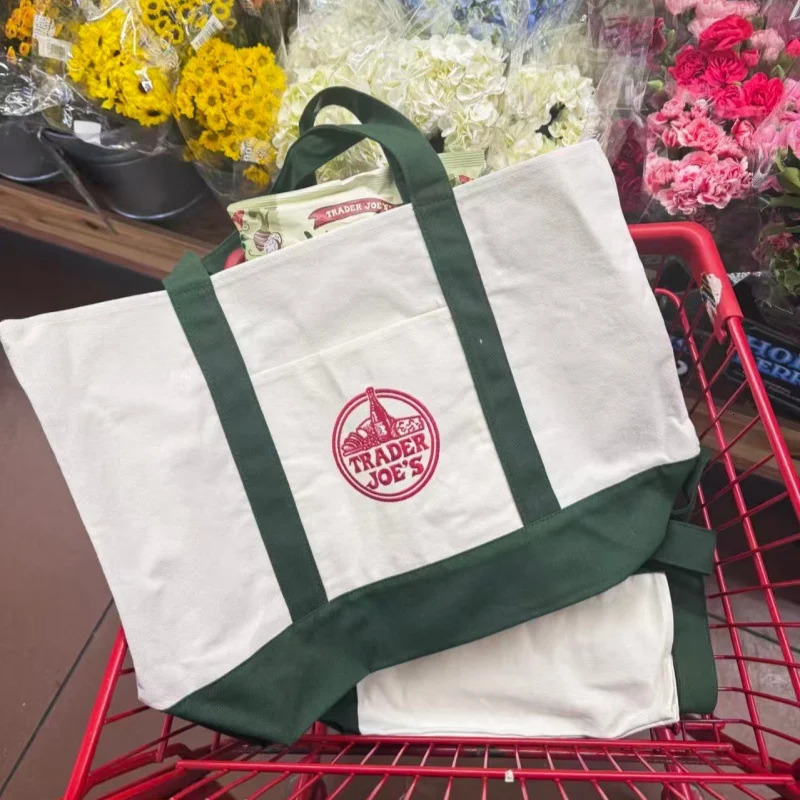 Trader Joe Large Tote Shopping Bag Cotton Canvas Embroidered 260408