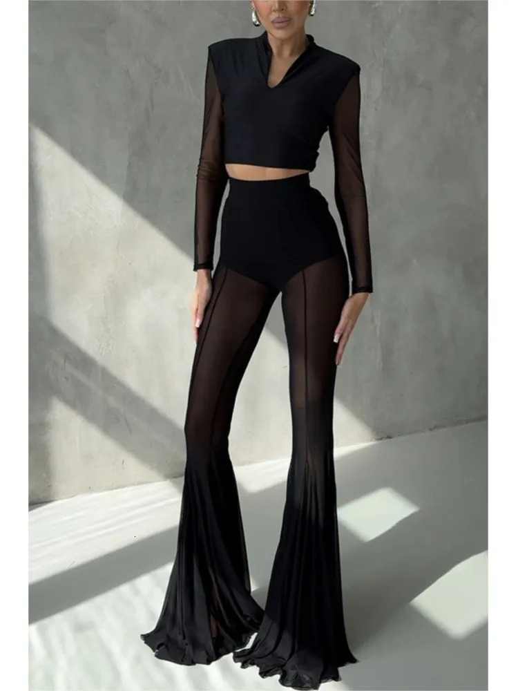 Sexy Sheer Flare Pants For Women Fashion Solid High Waist Long Pants Lady Casual Holiday Streetwear Womens Clothing 260408