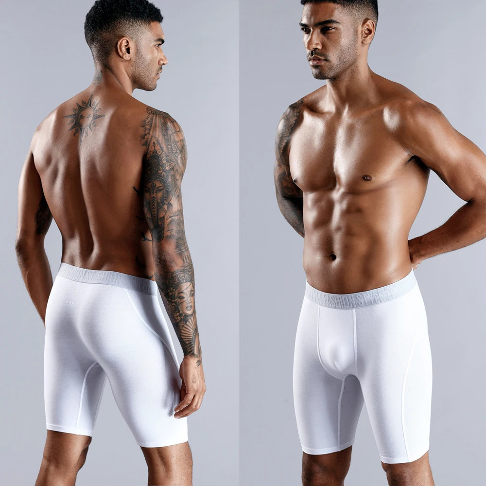 3pcs Men's Long Boxer Briefs, 100% Cotton Solid Boxer Shorts in White, Grey, Black - view 3