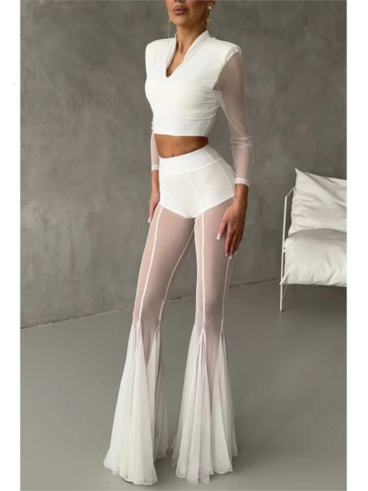Sexy Sheer Flare Pants For Women Fashion Solid High Waist Long Pants Lady Casual Holiday Streetwear Womens Clothing 260408