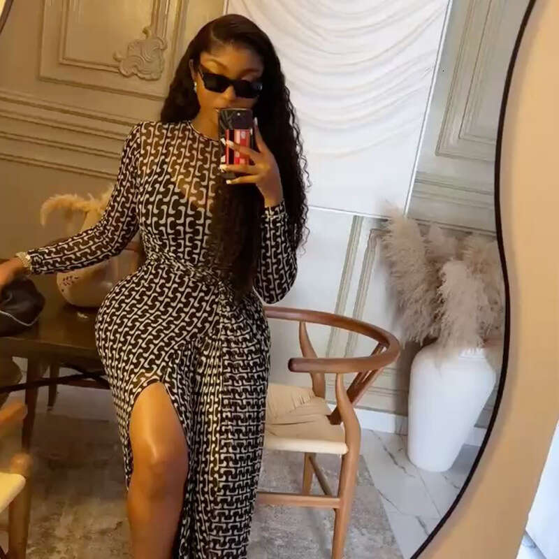 2026 New European American Style Elegant Commuter Dress For Women High Neck Floral Print Split Sheer Mesh Slim Fit Bodycon Dress Party Clubwear MAKOUF